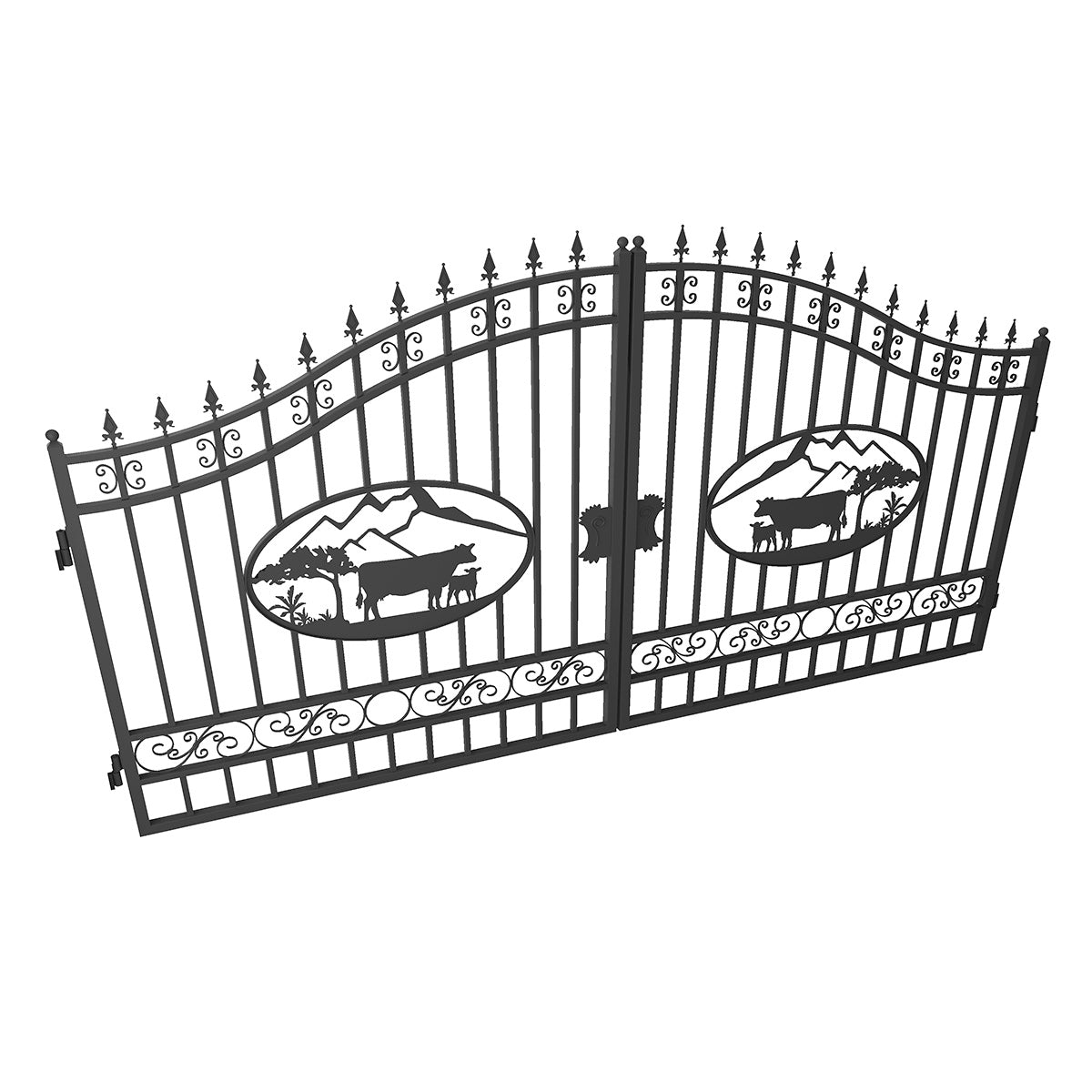 Black wrought iron gate set with decorative scrollwork, pointed tops, and oval cutouts