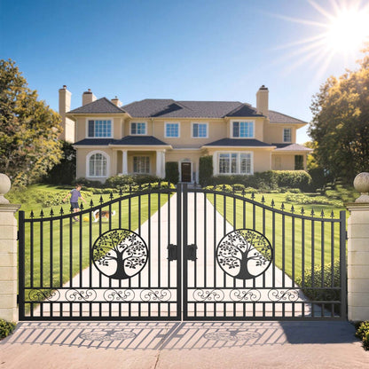 16 ft driveway gate with tree pattern at a home entrance