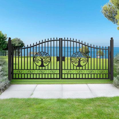 16ft driveway gate with tree pattern in a garden setting with ocean view