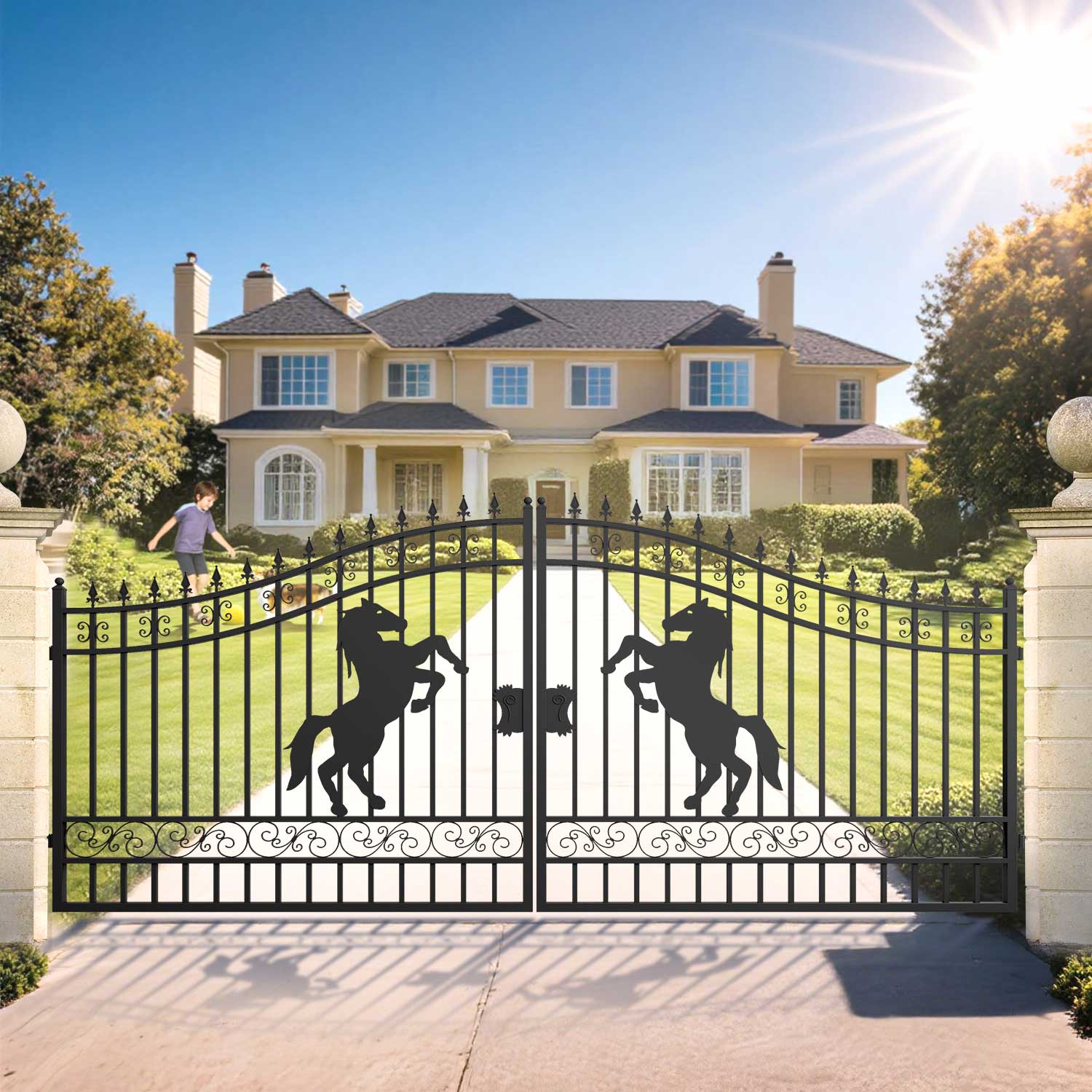16ft steel dual swing driveway gate with horse pattern for a residential property