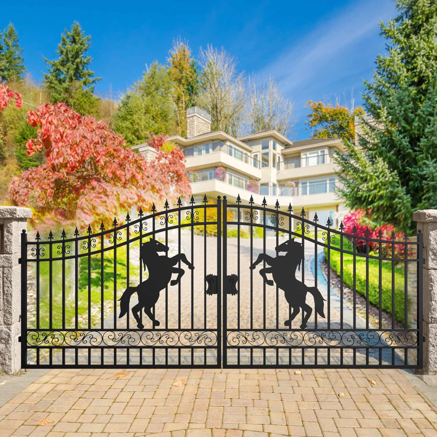 16ft steel dual swing driveway gate with horse pattern for homes