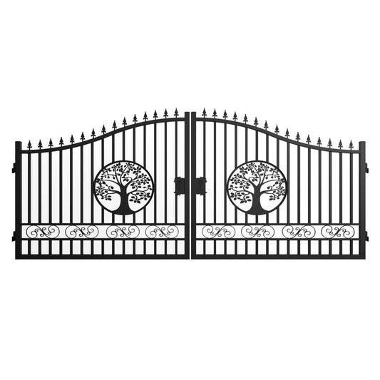 16x8 ft Steel Dual Swing Driveway Gate with Tree Pattern
