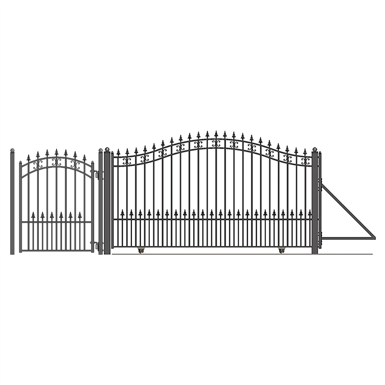 16ft Steel Sliding Driveway Gate with 5ft Pedestrian Gate-St.Louis Style