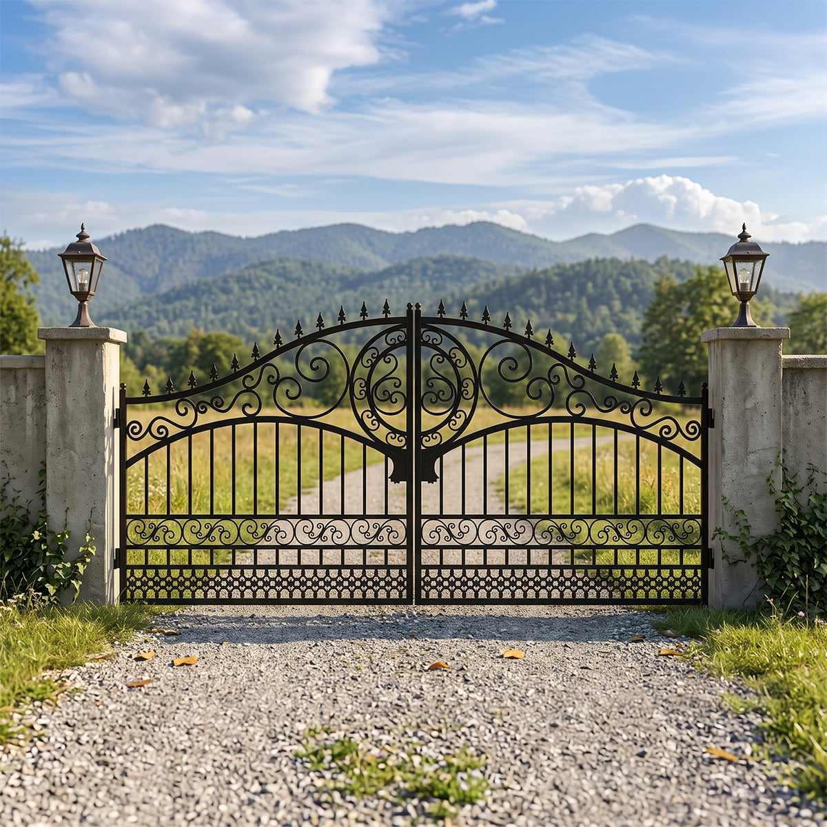 An ornate black wrought-iron double gate with decorative scrollwork