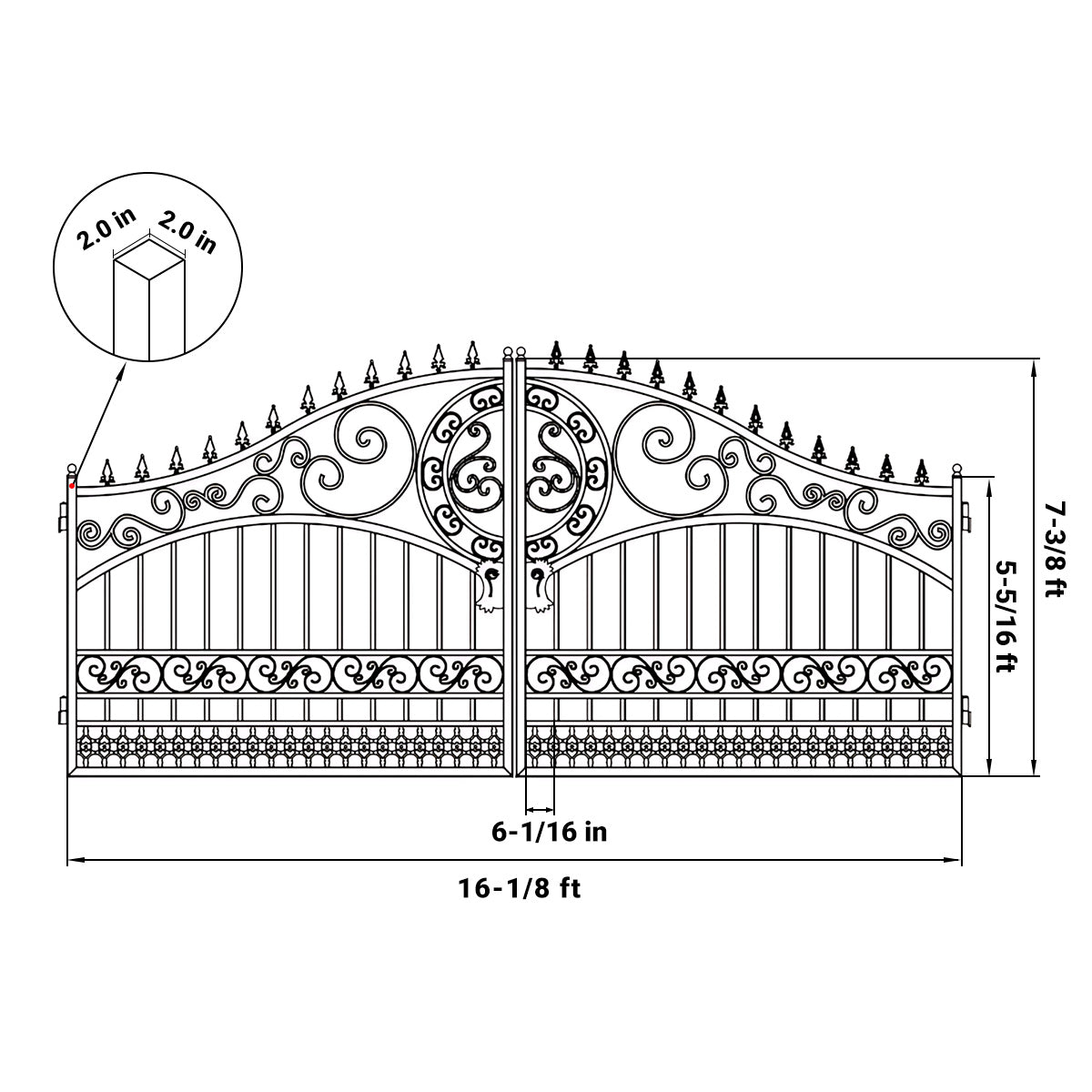 Black and white technical line drawing of an ornate double gate with dimensions labeled, including a circular inset showing post depth measurements.