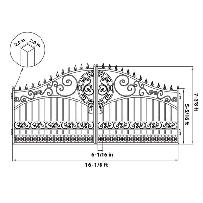 Black and white technical line drawing of an ornate double gate with dimensions labeled, including a circular inset showing post depth measurements.