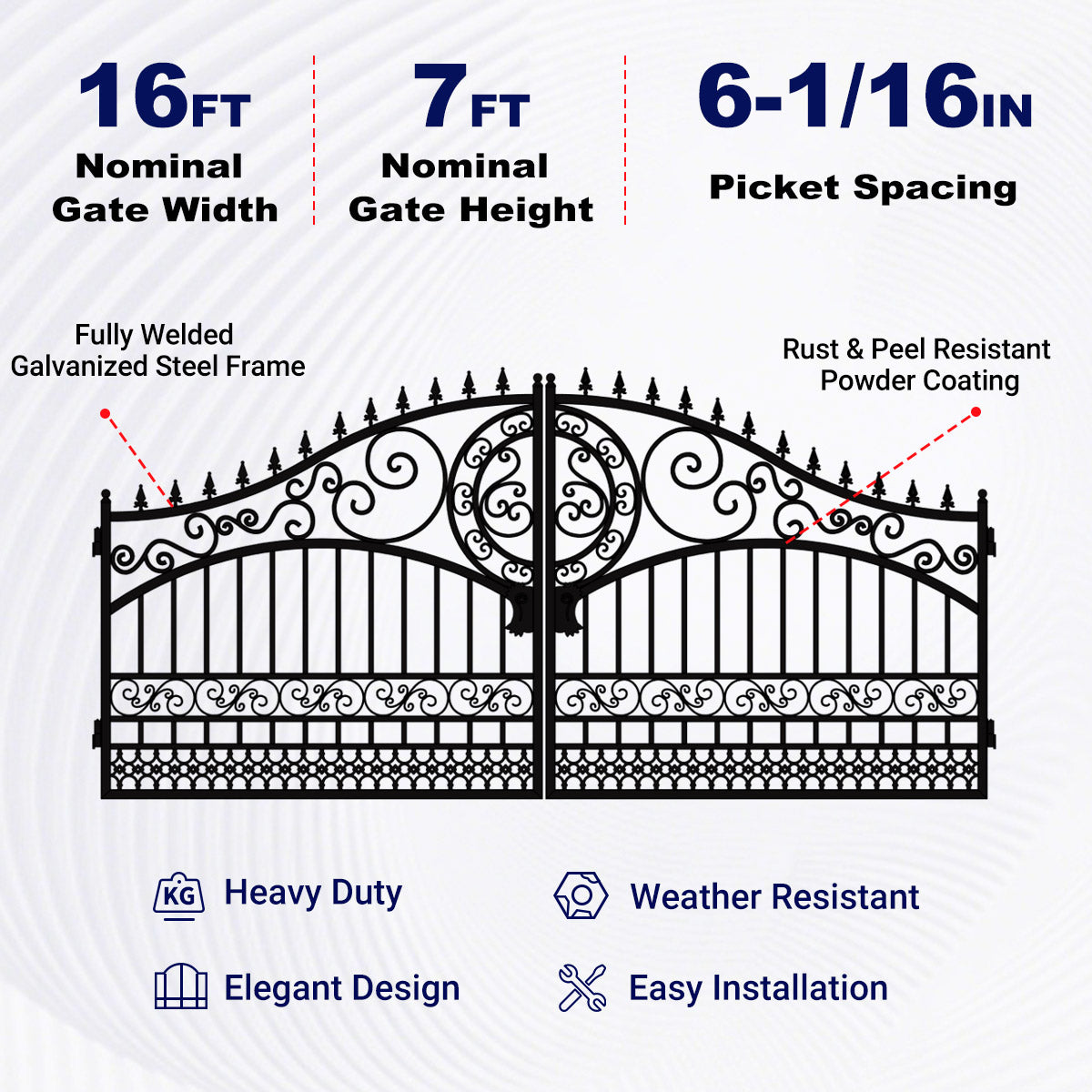 Nominal gate width 16 ft, nominal gate height 7 ft, and picket spacing 6-1/16 in.