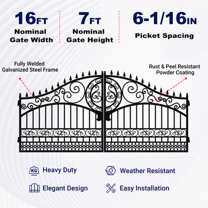 Nominal gate width 16 ft, nominal gate height 7 ft, and picket spacing 6-1/16 in. 
