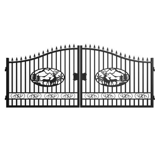 16x8 ft Steel Dual Swing Driveway Gate with Deer Pattern