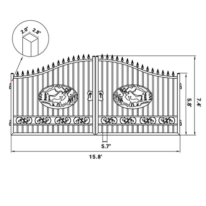 16x8 ft Steel Dual Swing Driveway Gate with Deer Pattern