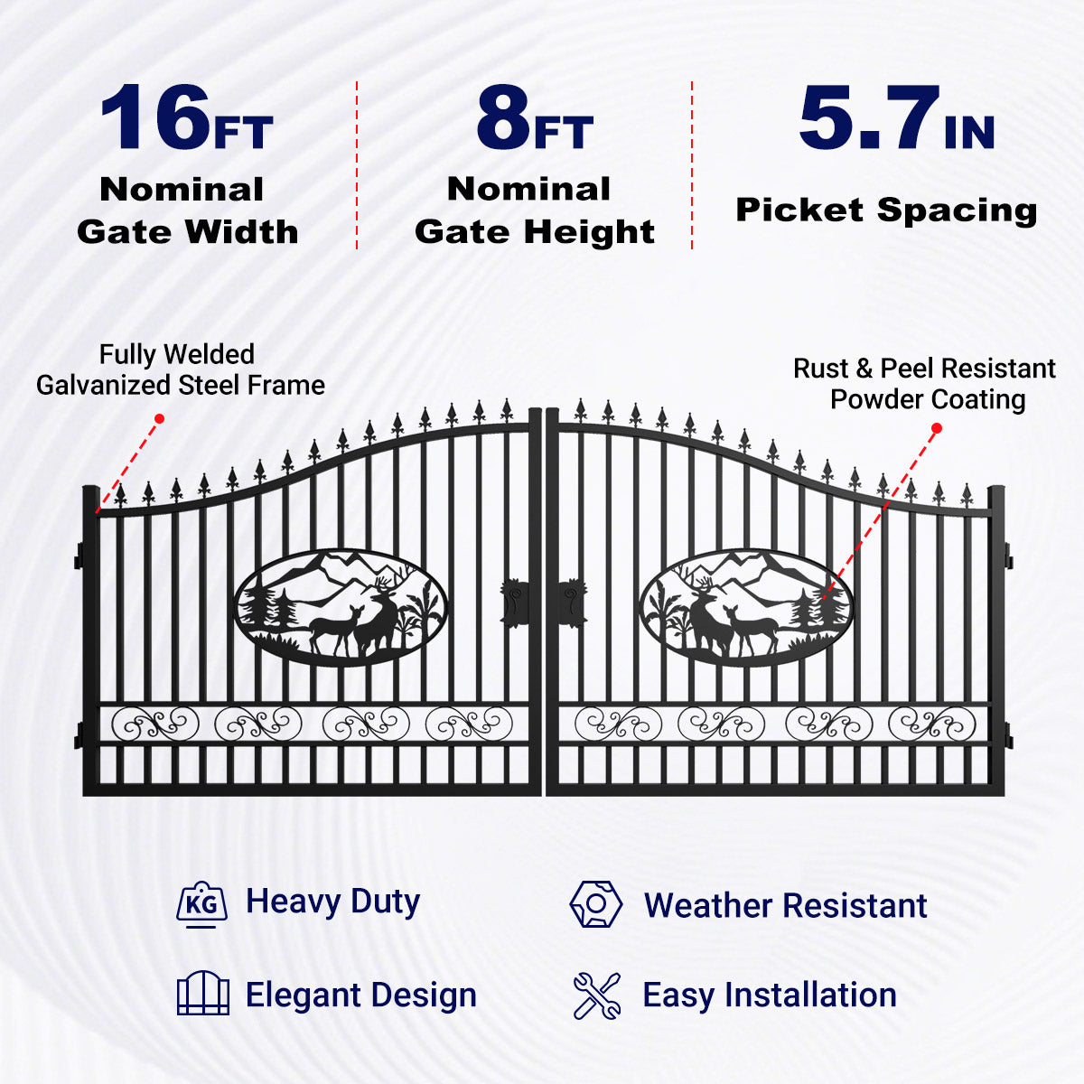 16x8 ft Steel Dual Swing Driveway Gate with Deer Pattern