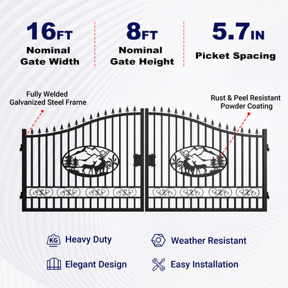 16x8 ft Steel Dual Swing Driveway Gate with Deer Pattern