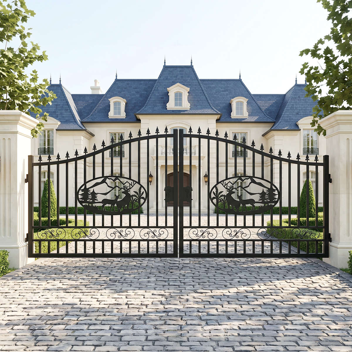 16x8 ft Steel Dual Swing Driveway Gate with Deer Pattern