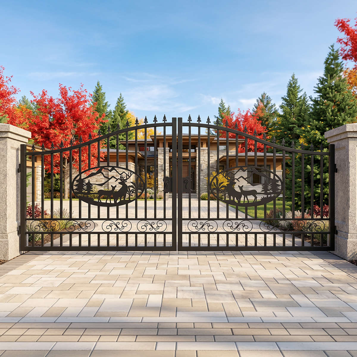 16x8 ft Steel Dual Swing Driveway Gate with Deer Pattern