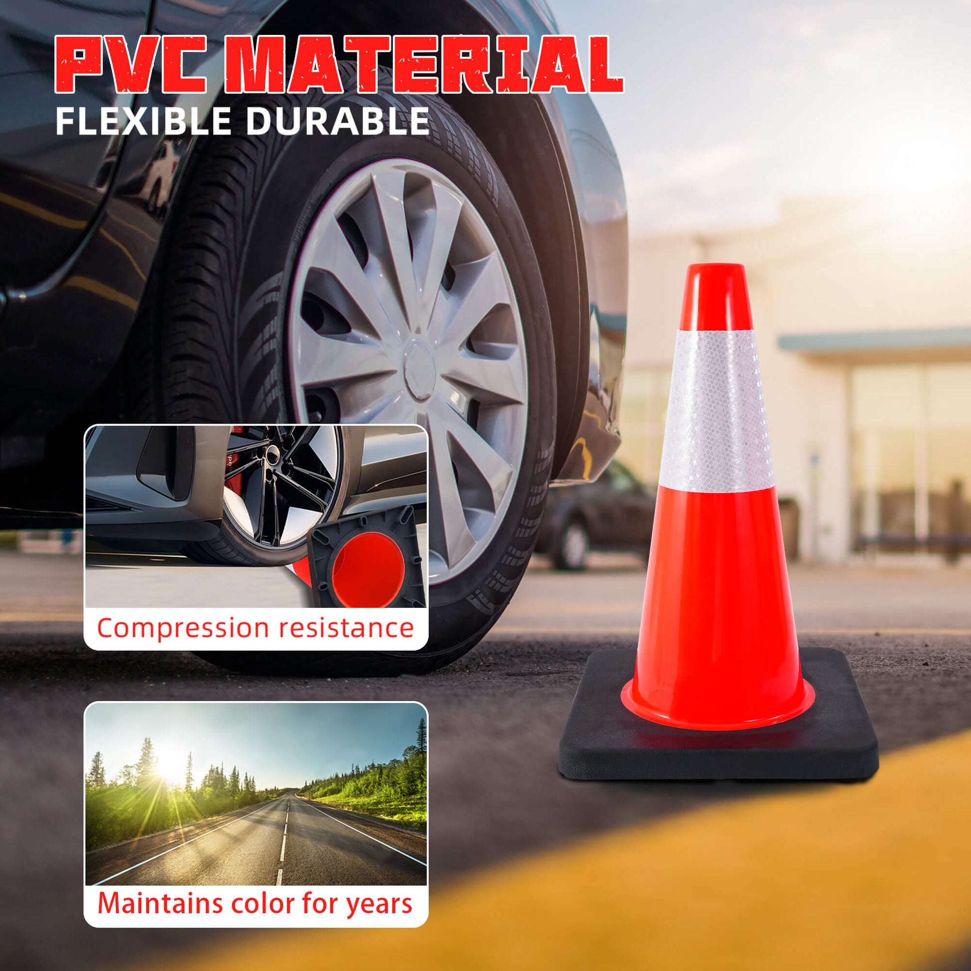 18" Traffic Safety Cones, Orange Parking Cone with Reflective Collars