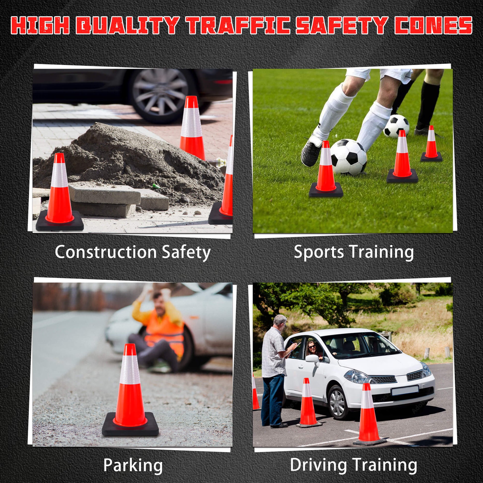 18" Traffic Safety Cones, Orange Parking Cone with Reflective Collars
