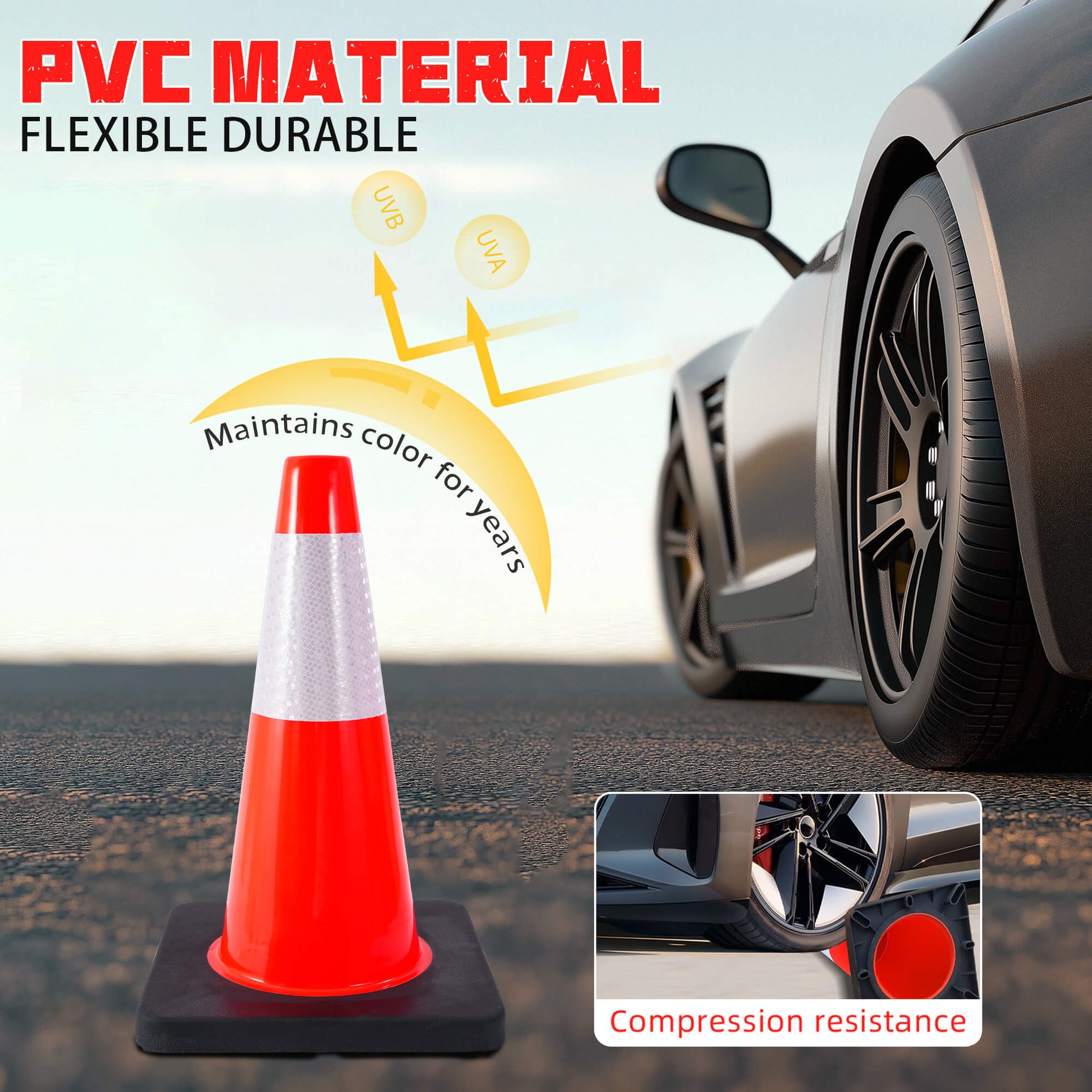 18" Traffic Safety Cones, Orange Parking Cone with Reflective Collars