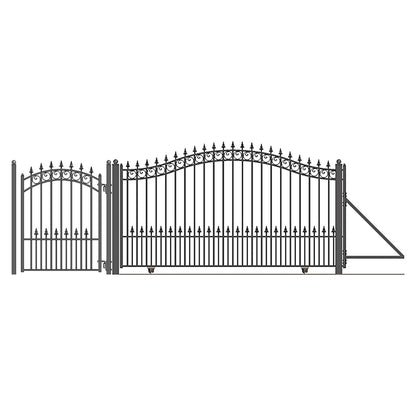 18ft Steel Sliding Driveway Gate with 5ft Pedestrian Gate-Prague Style