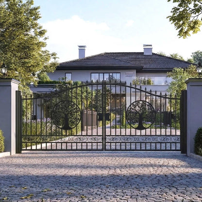 18x7 ft Steel Dual Swing Driveway Gate with Tree Pattern