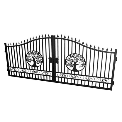 Black wrought iron double gate with decorative tree of life motifs and pointed finials