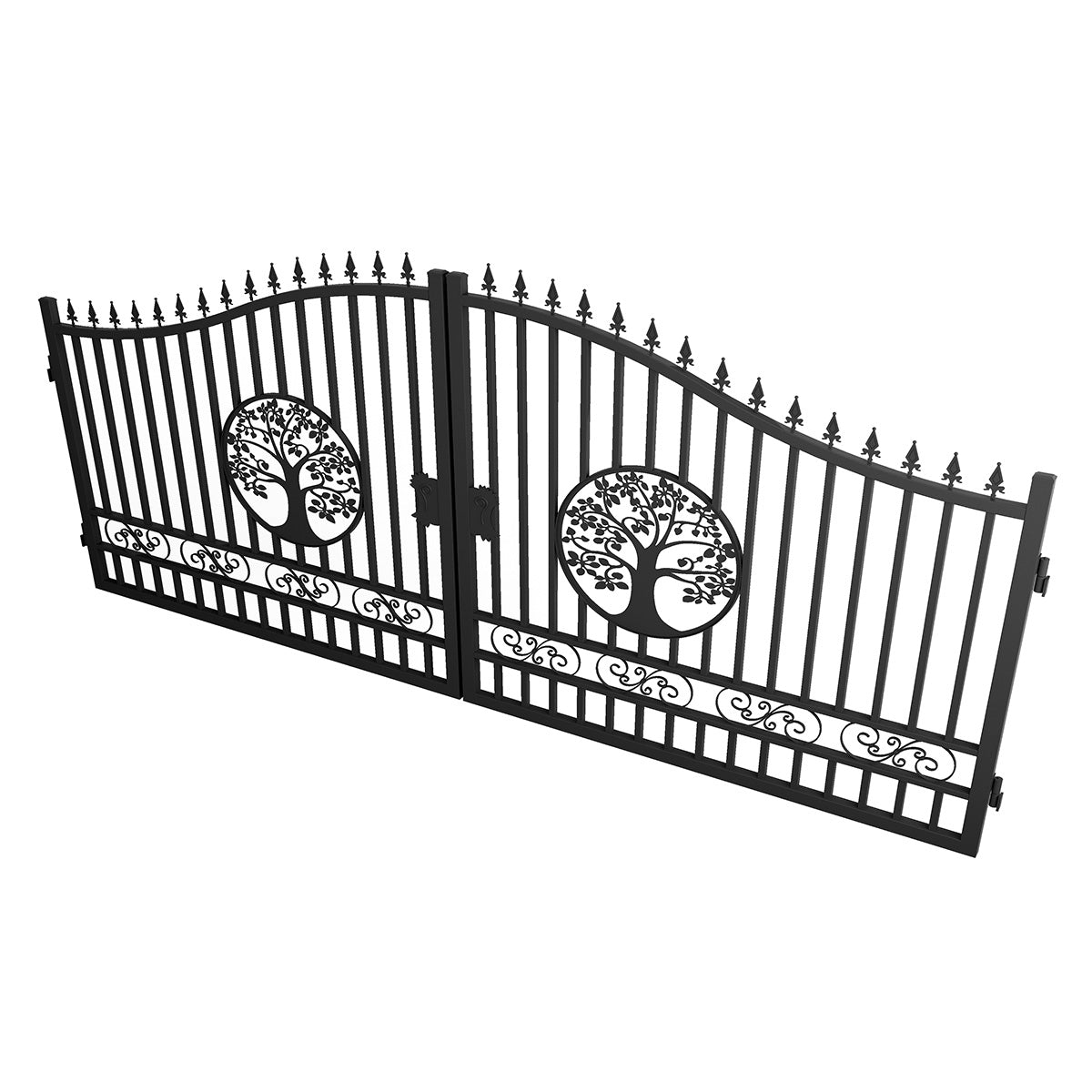 Black wrought iron double gate with decorative tree-of-life motifs and pointed finials