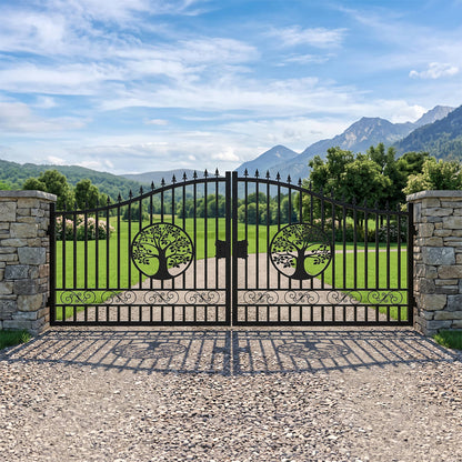 Black wrought iron double gate with decorative tree cutouts