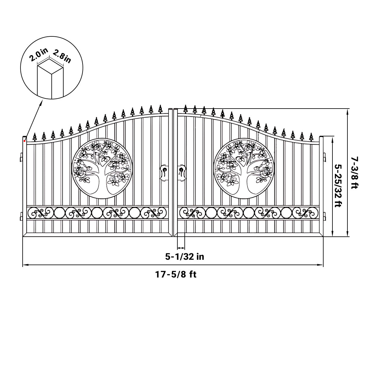 Black and white technical dimension drawing of a decorative metal gate with circular tree-of-life medallions