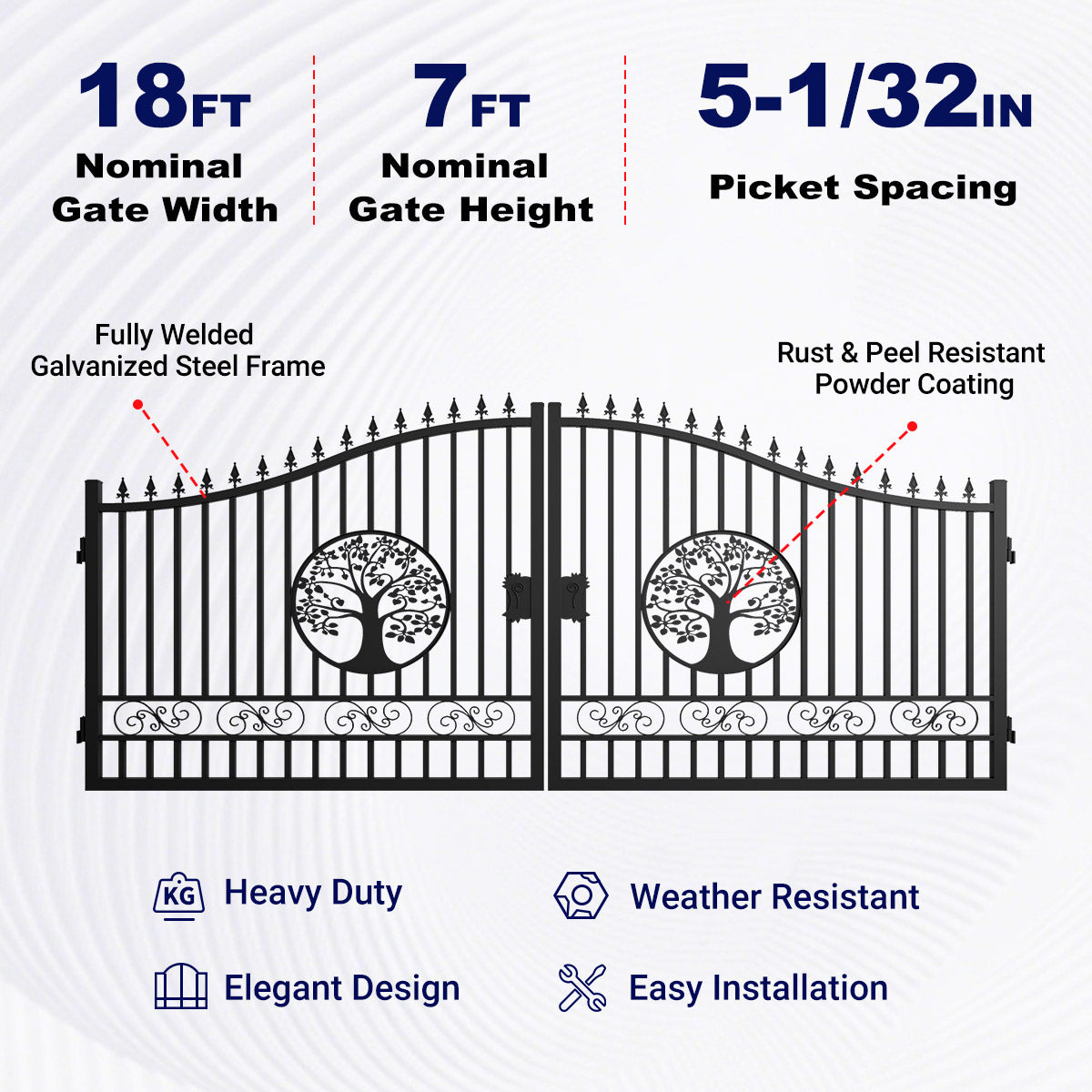 18x7 ft Heavy-Duty Tree Pattern Dual Swing Steel Driveway Gate with decorative tree and scroll motifs