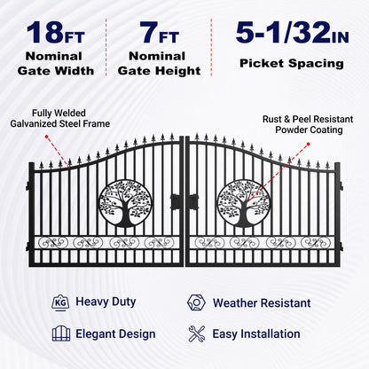 18x7 ft Heavy-Duty Tree Pattern Dual Swing Steel Driveway Gate with decorative tree and scroll motifs