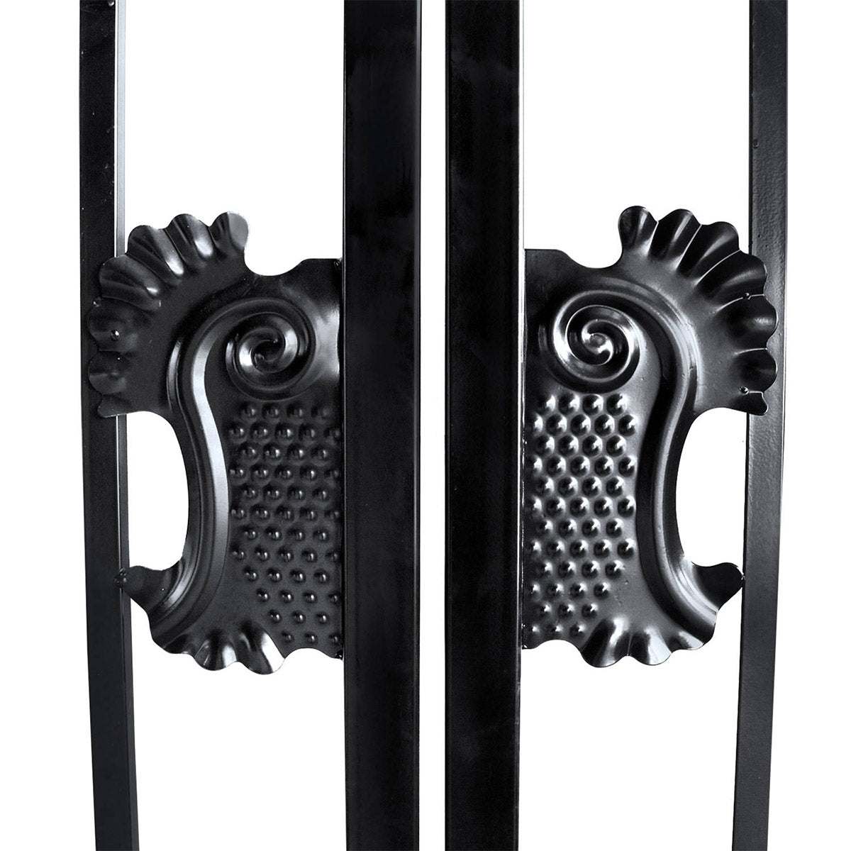 Close-up of decorative black metal handles