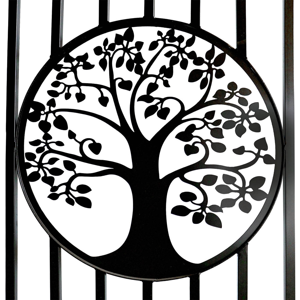 Black metal tree of life gate decor featuring a circular silhouette design