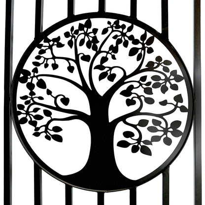 Black metal tree of life gate decor featuring a circular silhouette design