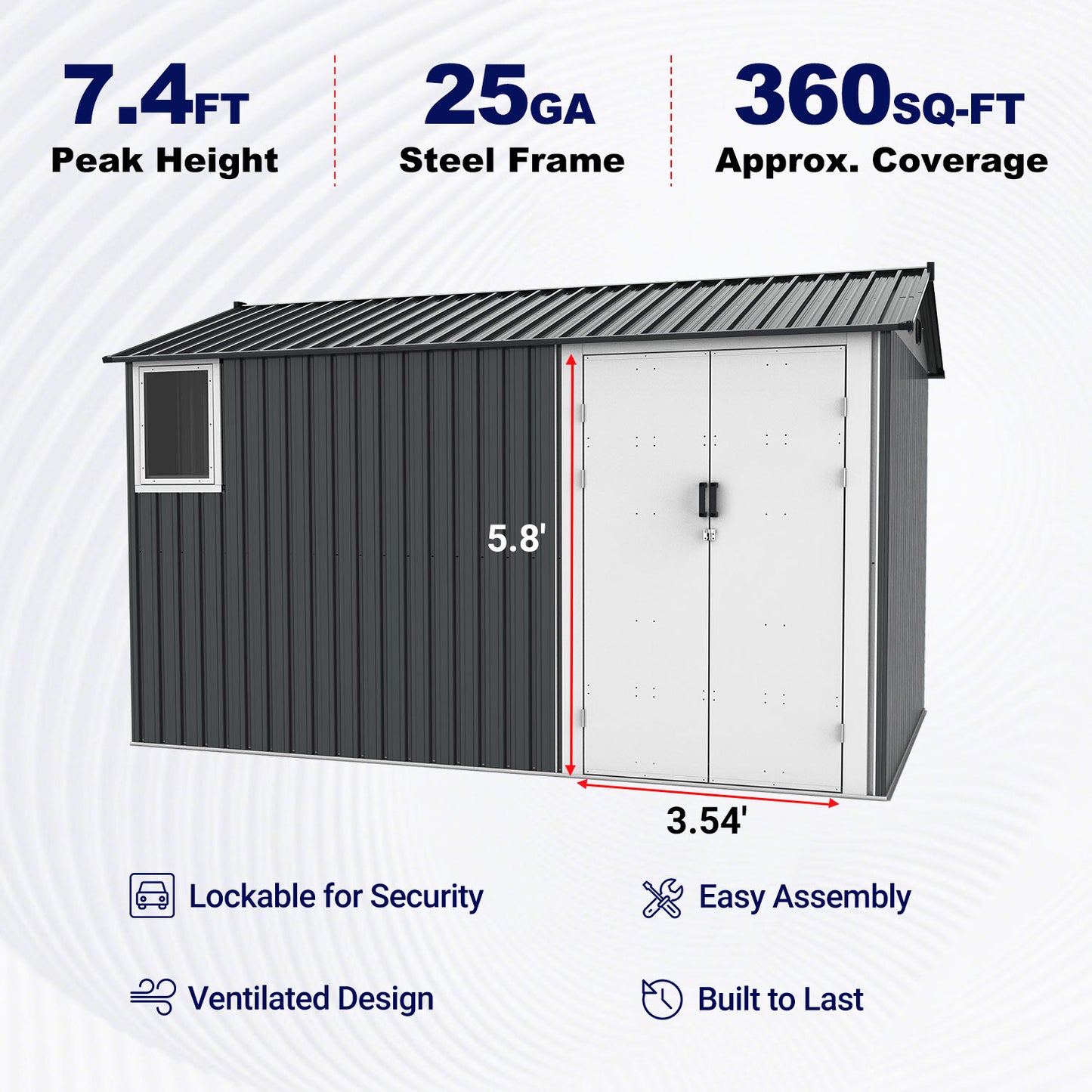 8'x12' Metal Storage Shed with Floor, Window & Swing Doors