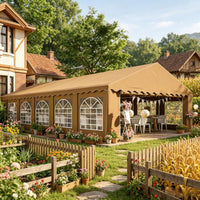Brown outdoor canopy tent with floral decorations in a garden setting.