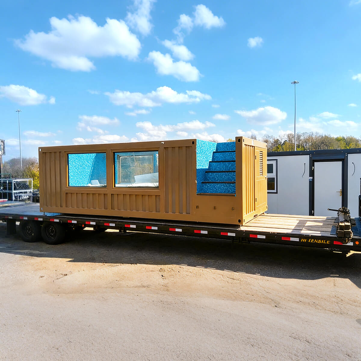 20ft Container Swimming Pool on a flatbed truck under a blue sky with clouds.