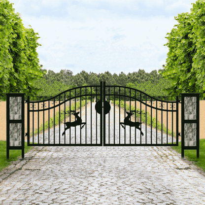 20ft driveway gate with decorative posts for a forest