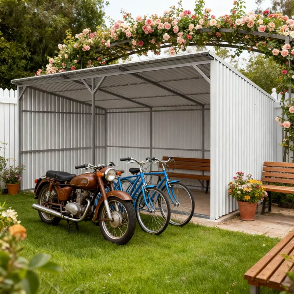 Metal carport with a motorcycle and bicycles parked underneath, surrounded by flowers and greenery.