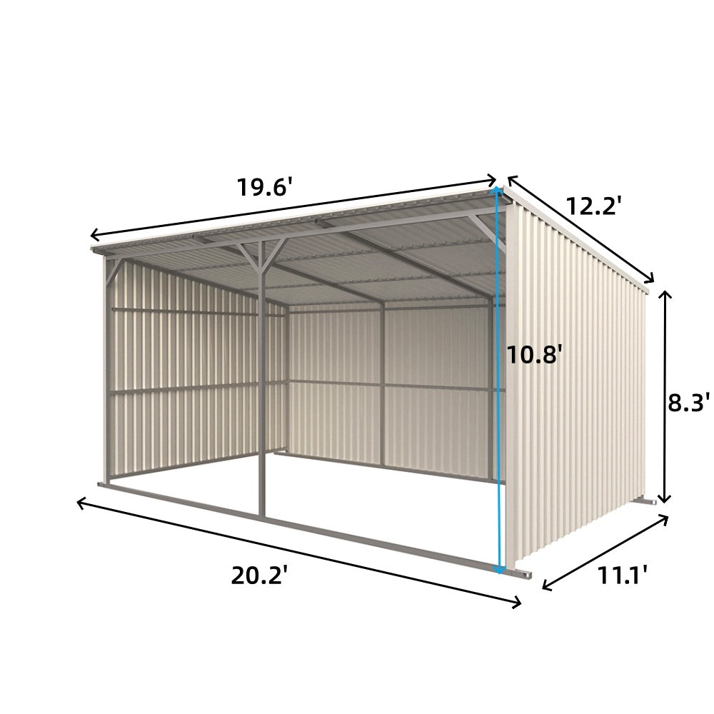 Dimensions of a metal storage shed with measurements indicated.
