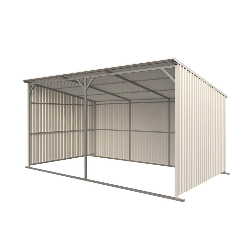 Metal storage shed with a slanted roof on a white background