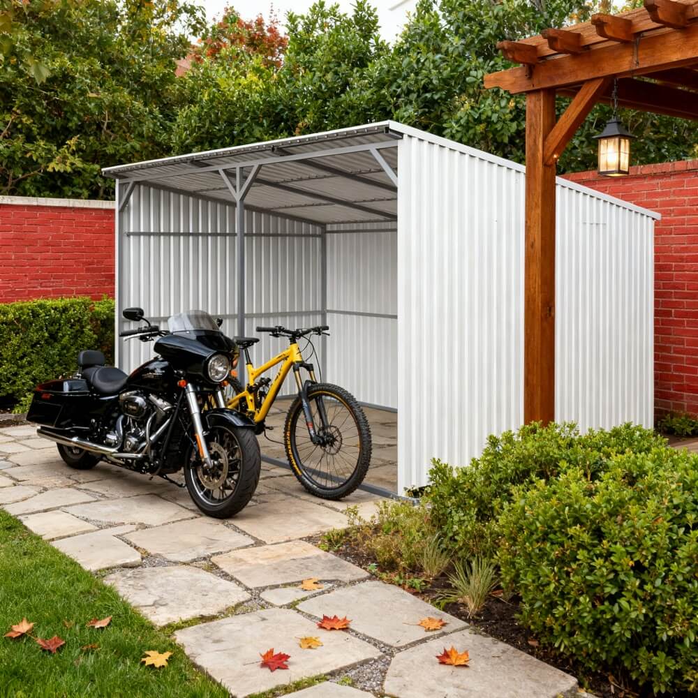 Motorcycle and bicycle parked outside a metal shed with a garden and wooden pergola in the background.
