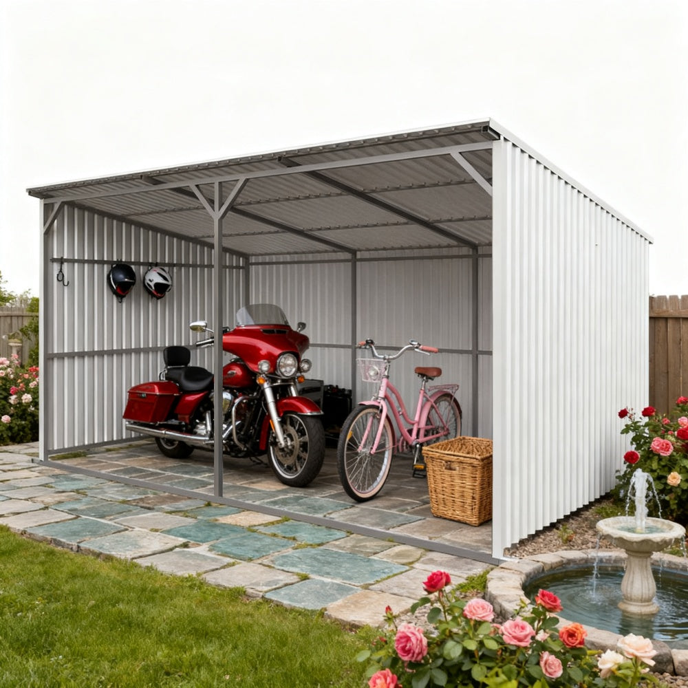 Metal carport with a motorcycle and bicycle in a garden setting.