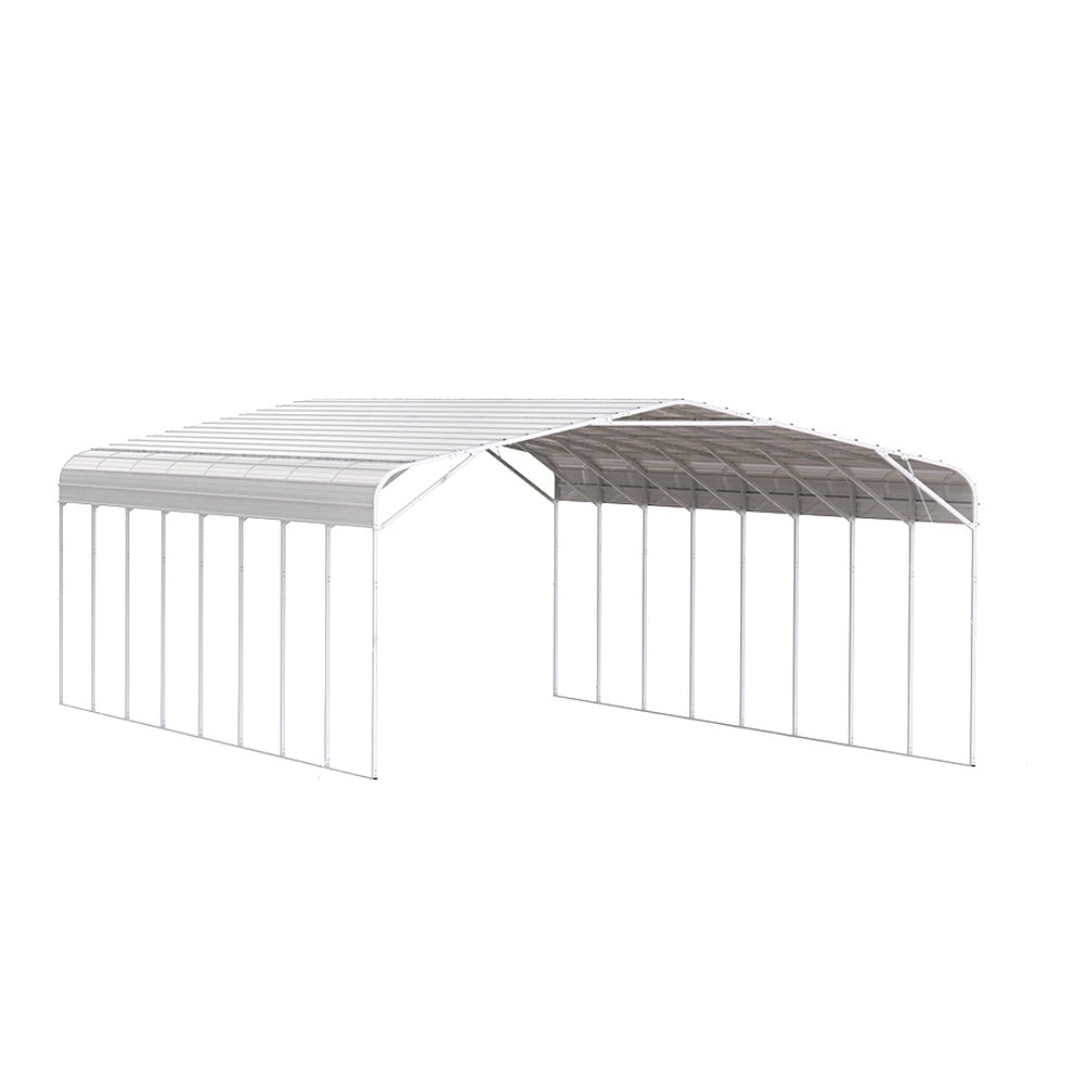 White metal gazebo with a gray roof on a white background