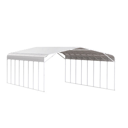 White metal gazebo with a gray roof on a white background