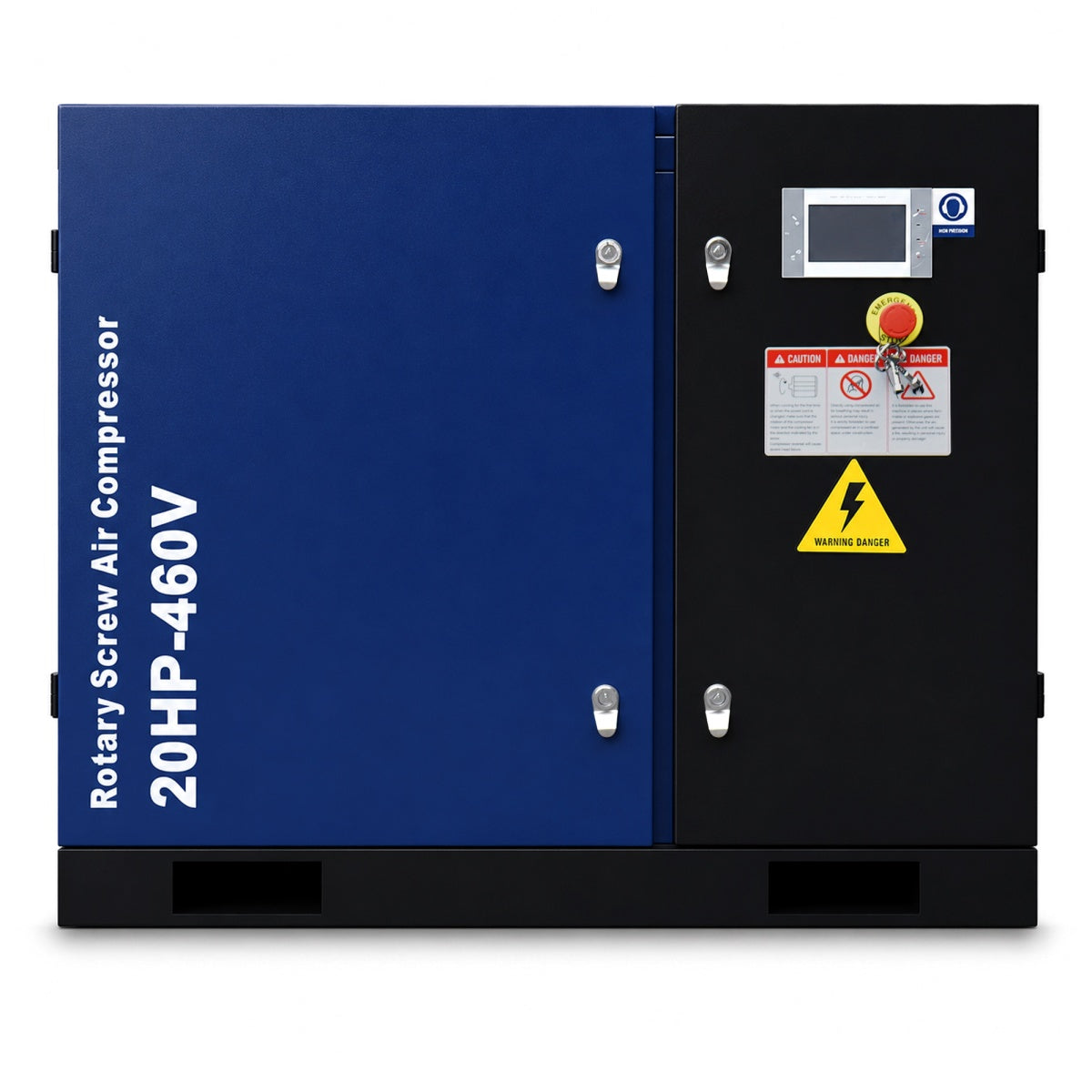 Blue and black rotary screw air compressor with warning labels on a white background