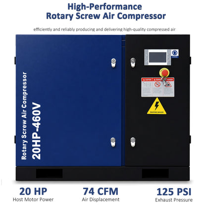 74CFM Rotary Screw Air Compressor, 20HP, 125PSI, 460V 3PHASE 60HZ