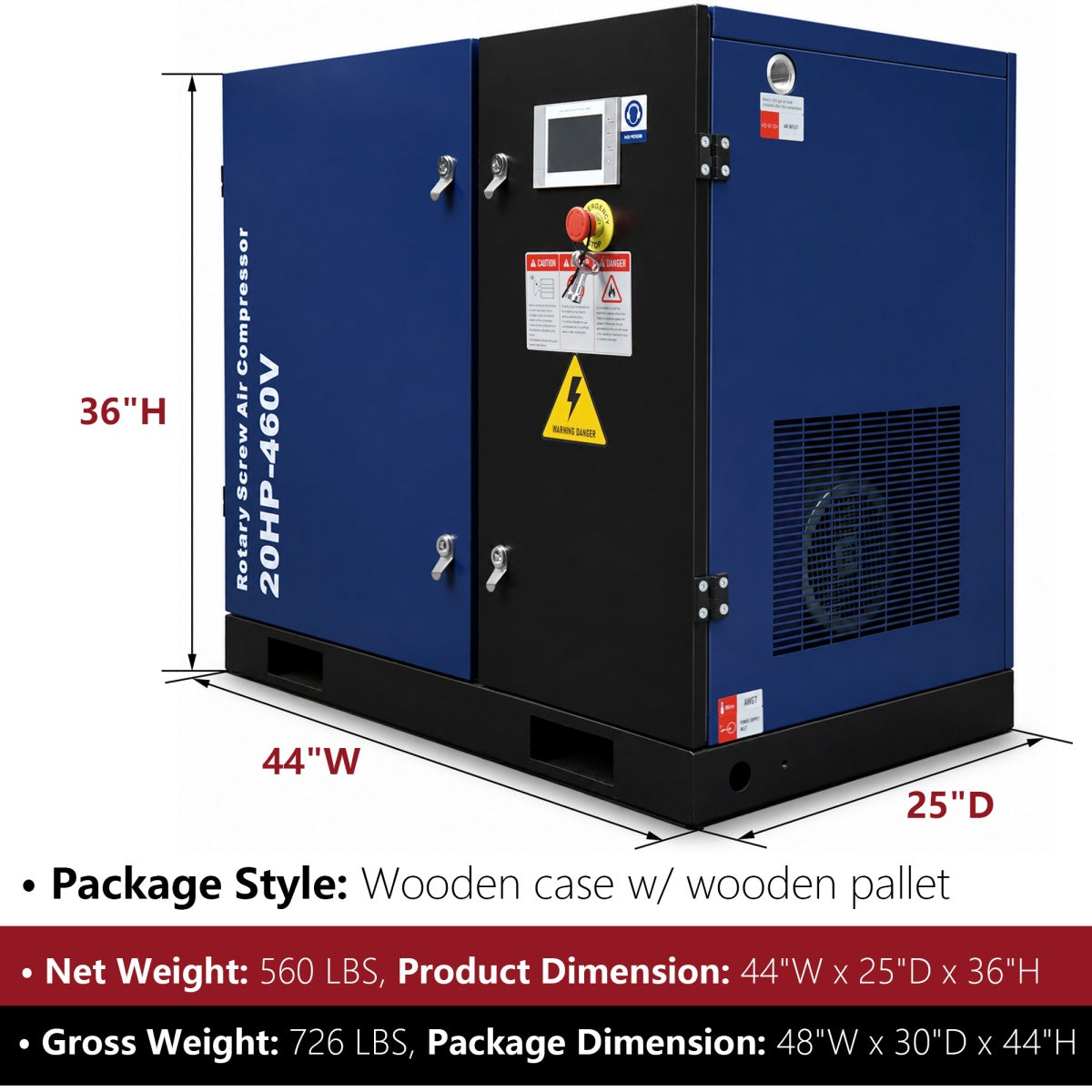 Blue and black industrial compressor with dimensions and weight details on a white background