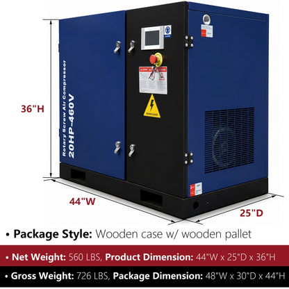 Blue and black industrial compressor with dimensions and weight details on a white background