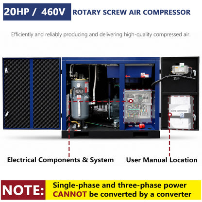 Rotary screw air compressor with labeled components on a white background