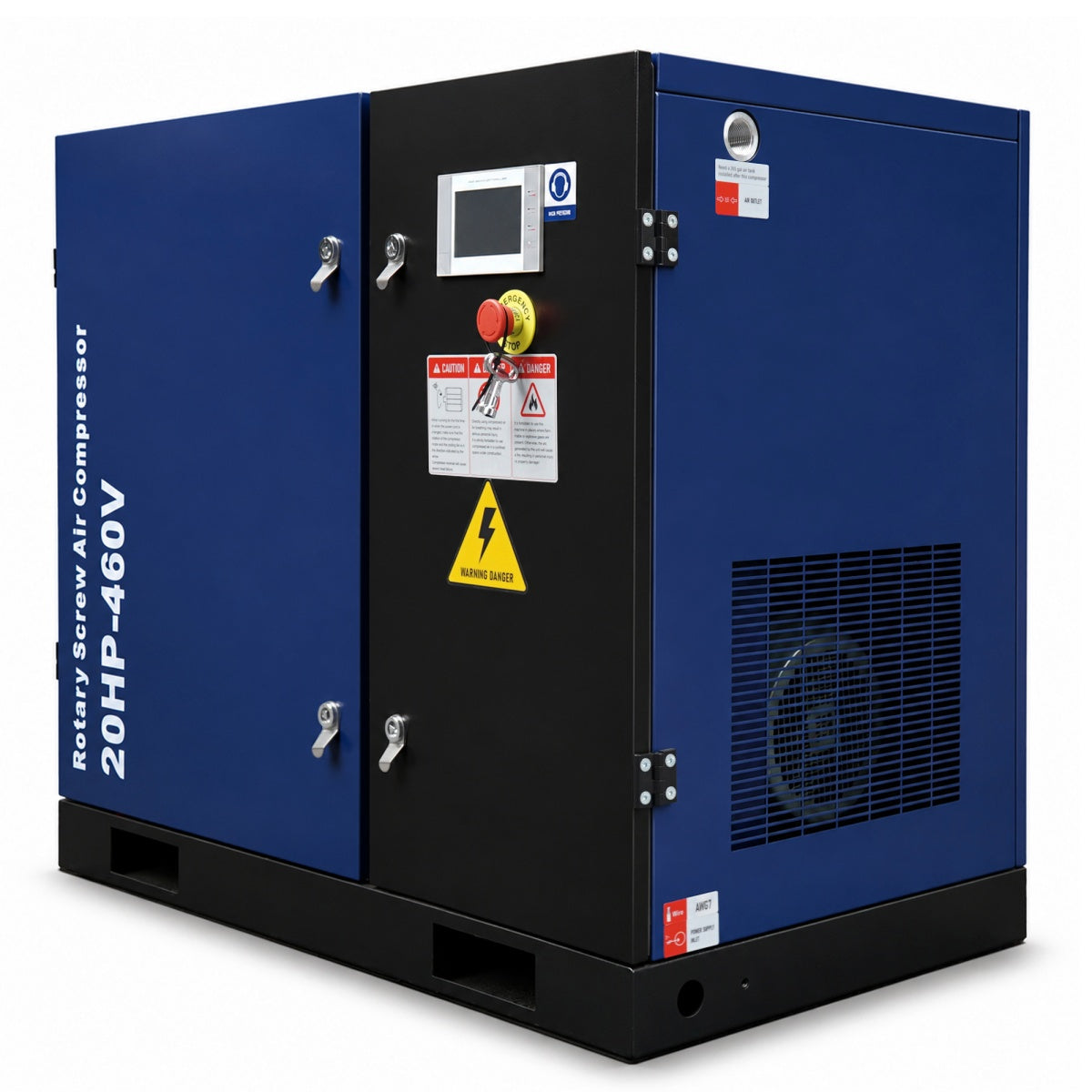Blue and black rotary screw air compressor on a white background
