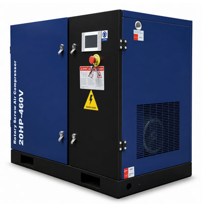 Blue and black rotary screw air compressor on a white background
